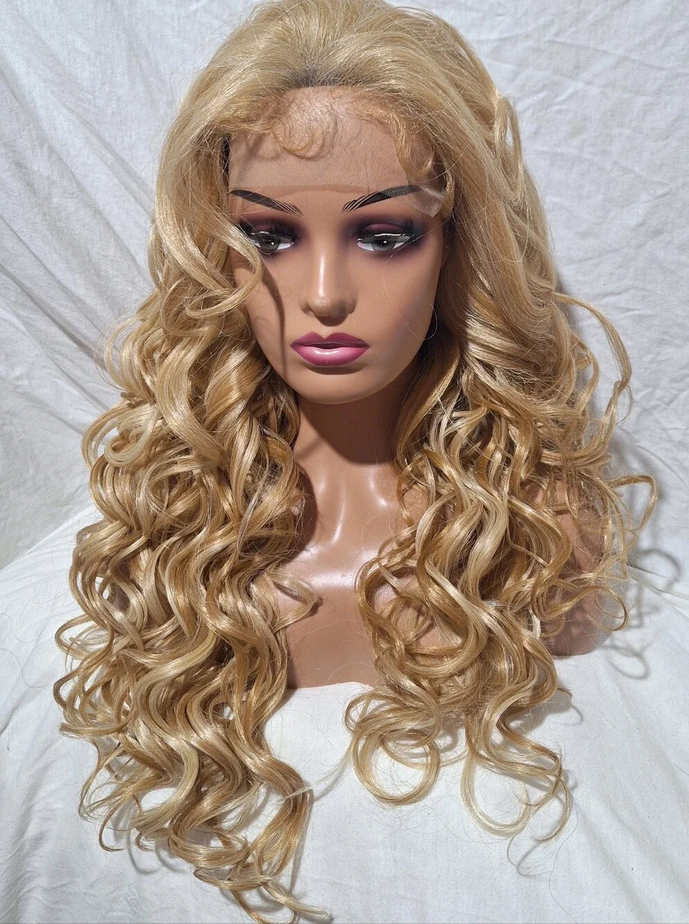 Blonde Long Curly Lace Front Wig - Human Hair Blend Wig